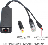 PoE Splitter - 48V auf 5V - 2,4A - Stecker 3,5mm x 1,35mm - 5,5 mm x 2,1 mm, IEEE 802.3af-konform, fr CCU3 und mehr